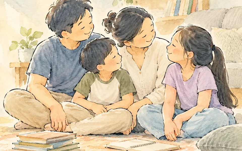 Tranh màu nước: ba mẹ và hai con ngồi quây quần trên thảm, nhìn nhau mỉm cười